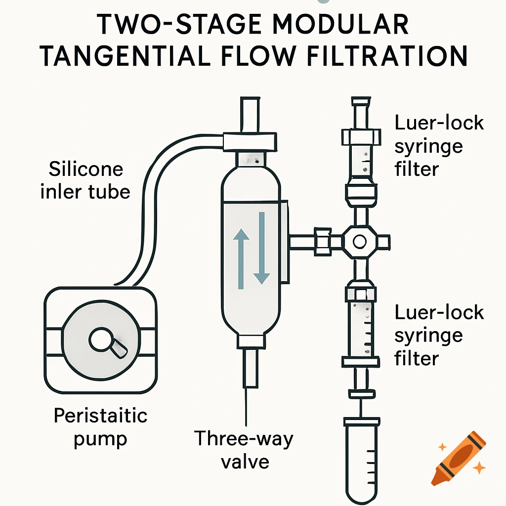 A minimalistic schematic diagram illustrating a two-stage modular tangential flow filtration system with labeled components.