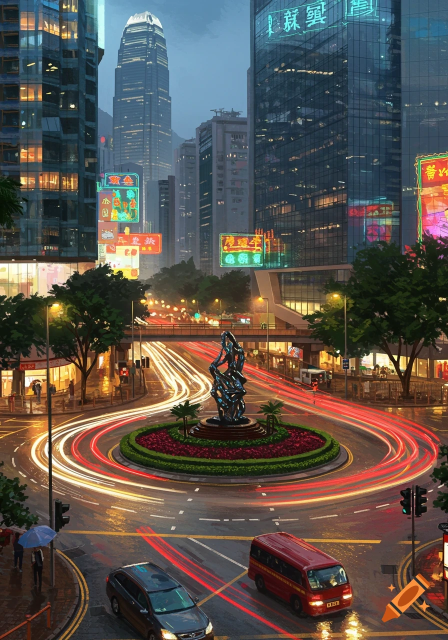Vibrant Hong Kong night cityscape with a busy roundabout, skyscrapers, and neon signs, featuring long exposure light trails from cars.