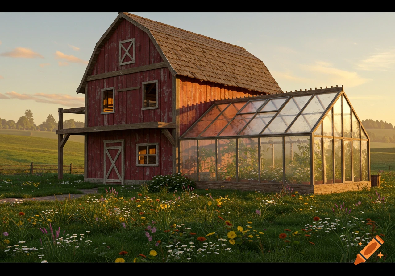 A red barn house with an attached glass greenhouse stands in a field of wildflowers at sunset.