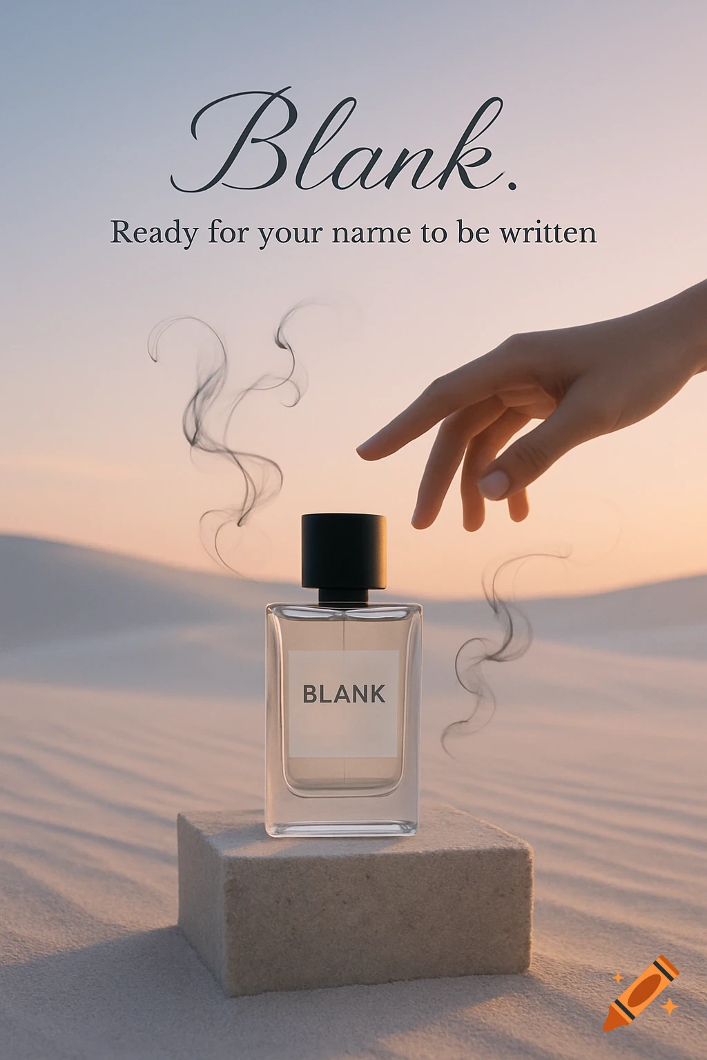 A minimalist perfume bottle on a stone pedestal in a desert at sunrise, with a hand reaching towards it, and ink swirls. Text says 'Blank. Ready for your name to be written.'