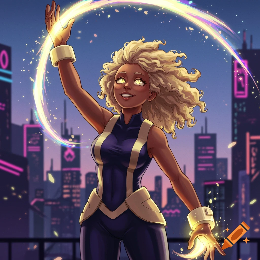 Anime superheroine with dark skin, blonde curly hair, and yellow eyes, wearing a blue and gold suit, conjuring glowing light against a futuristic city skyline.