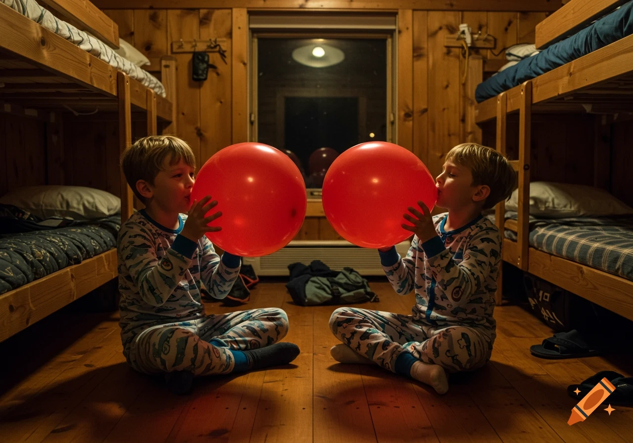 Two boys in pajamas sit on a wooden floor in a rustic room with bunk beds, inflating large red balloons.