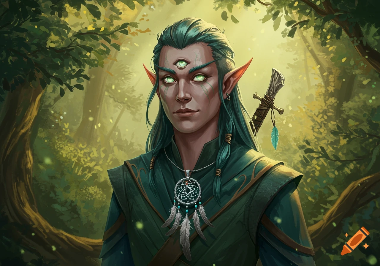 A serious green-eyed, three-eyed elf with long teal hair and a dreamcatcher necklace in a lush forest, digital painting.
