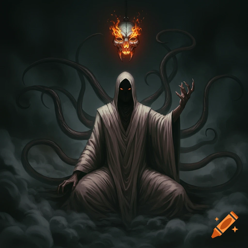 A menacing cloaked figure sits in dark smoke, raising a hand towards a fiery skull mask, with tentacles in the background.
