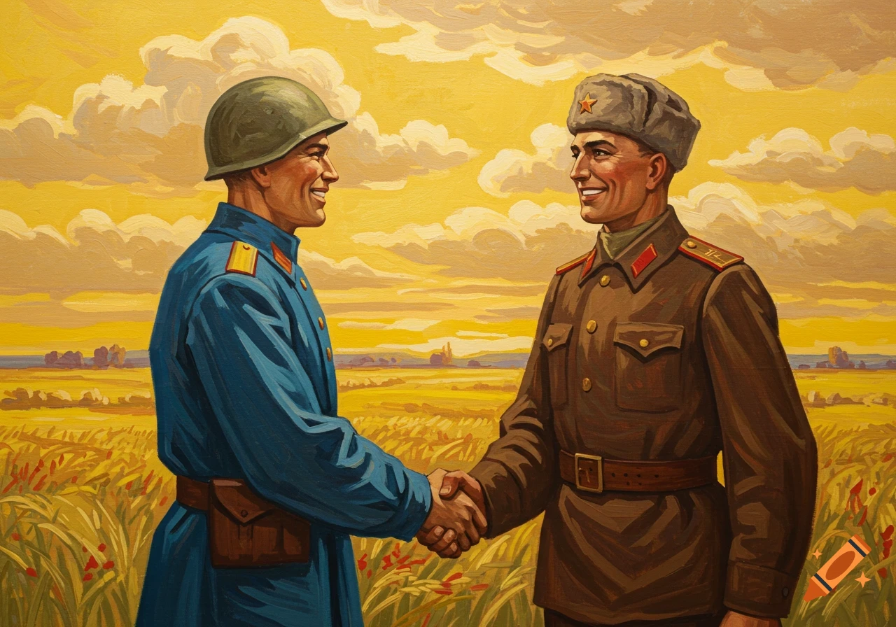 Two smiling soldiers, one in a blue uniform and one in a brown uniform, shake hands in a golden field, painted in a socialist poster style.