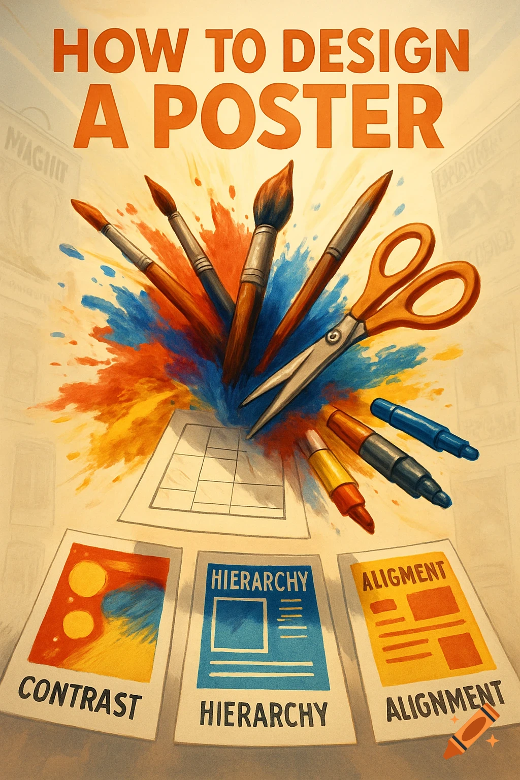 Illustrated poster titled 'How to Design a Poster' with paint brushes, scissors, markers, and cards depicting 'Contrast,' 'Hierarchy,' and 'Alignment' concepts.