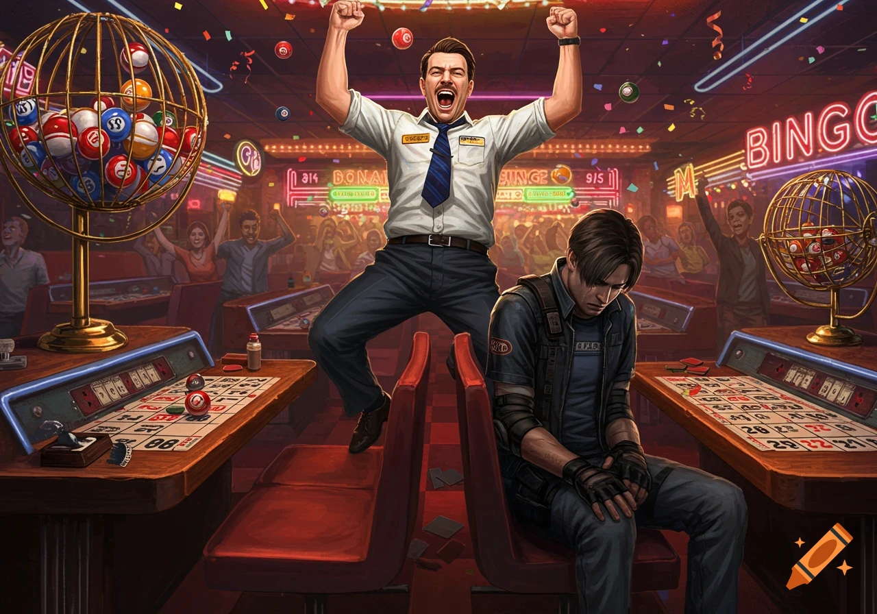 An overjoyed man cheers with fists raised in a bingo hall, while Leon S. Kennedy from Resident Evil 4 sits dejectedly, having lost.