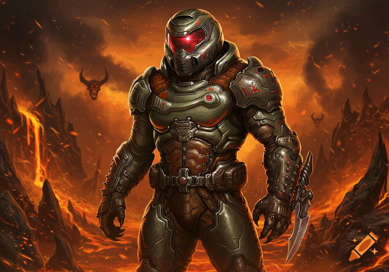 A heavily armored warrior with red glowing eyes stands in a fiery, hellish landscape with lava, holding a blade. Digital art style.