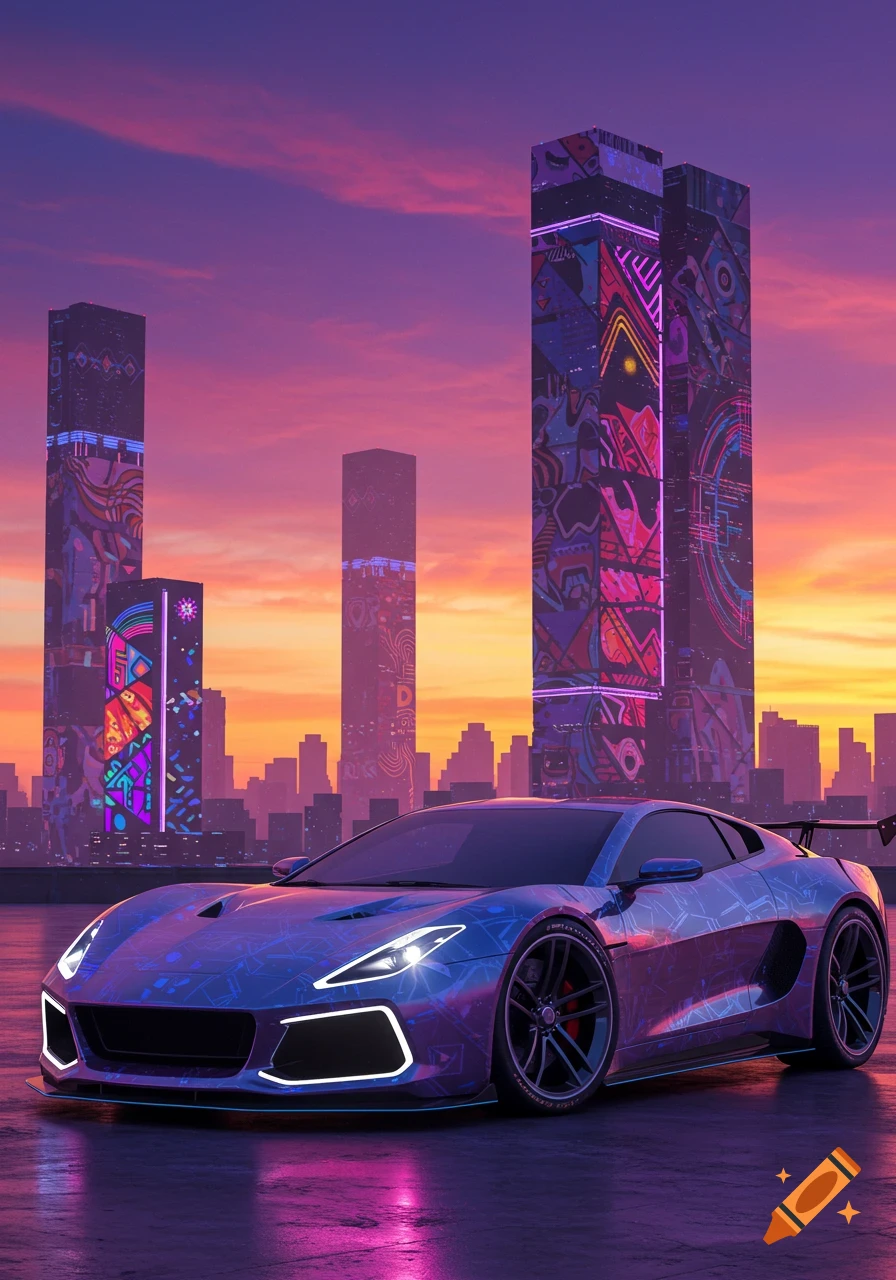 A futuristic blue sports car with glowing lights and abstract patterns, parked in a city with colorful, patterned skyscrapers at sunset.