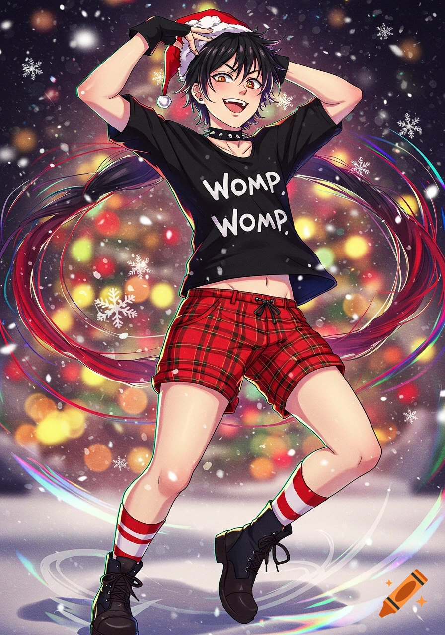 Energetic anime character in a Santa hat, black 'WOMP. WOMP.' shirt, red plaid shorts, and boots, posing in falling snow with Christmas lights.