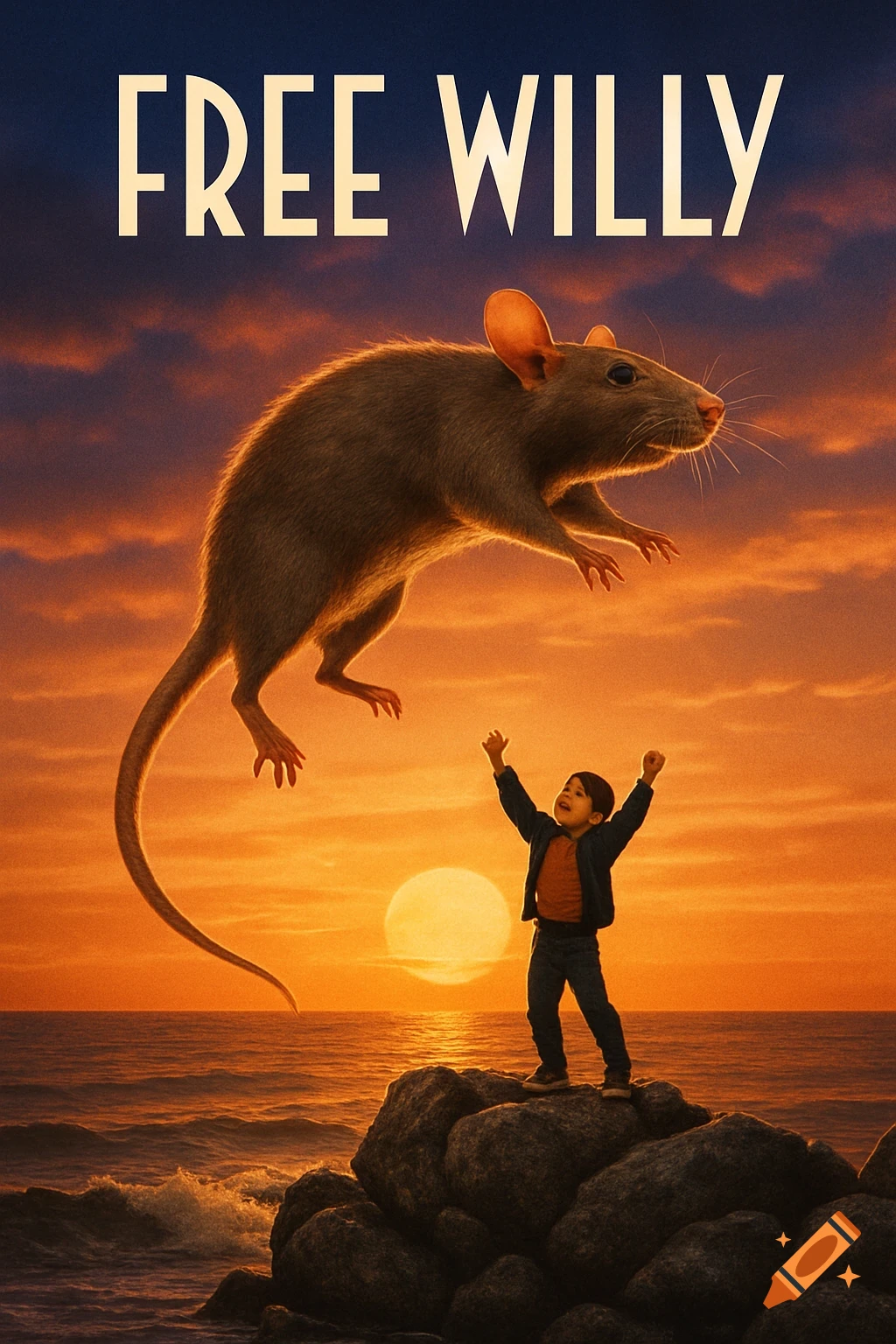 Movie poster for "FREE WILLY" showing a giant rat jumping above a child on rocks by a sunset ocean.