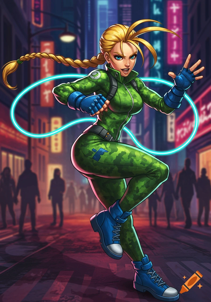 Blonde female fighter Cammy in a green camouflage bodysuit and blue gloves, striking a dynamic pose on a neon-lit city street at night, in an anime style.