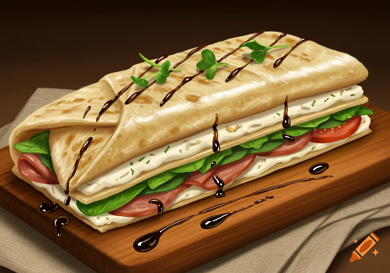 A detailed illustration of a delicious sandwich wrap filled with meat, spinach, tomatoes, and cream cheese, drizzled with balsamic glaze, on a wooden board.