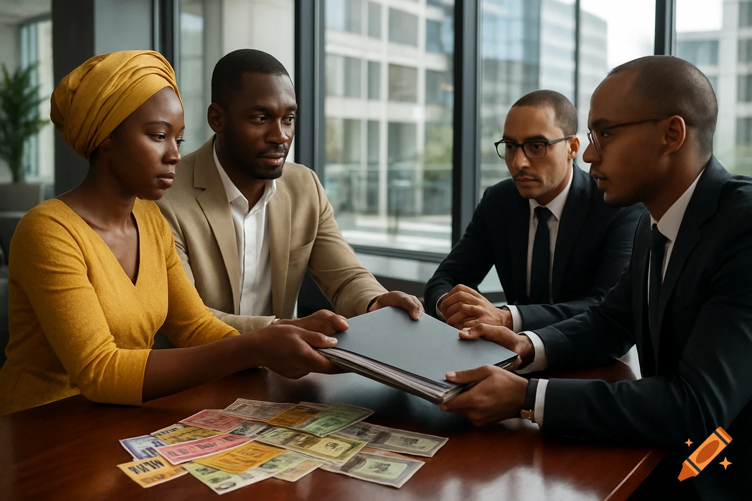 Four people in a modern office, two handing a document folder to two others, with scattered currency bills on the table, in a realistic style.