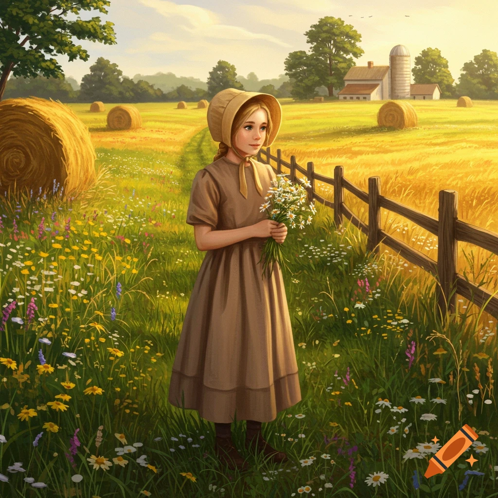 A young girl in a bonnet and brown dress holds wildflowers in a sunlit field with hay bales and a farmhouse in the background.