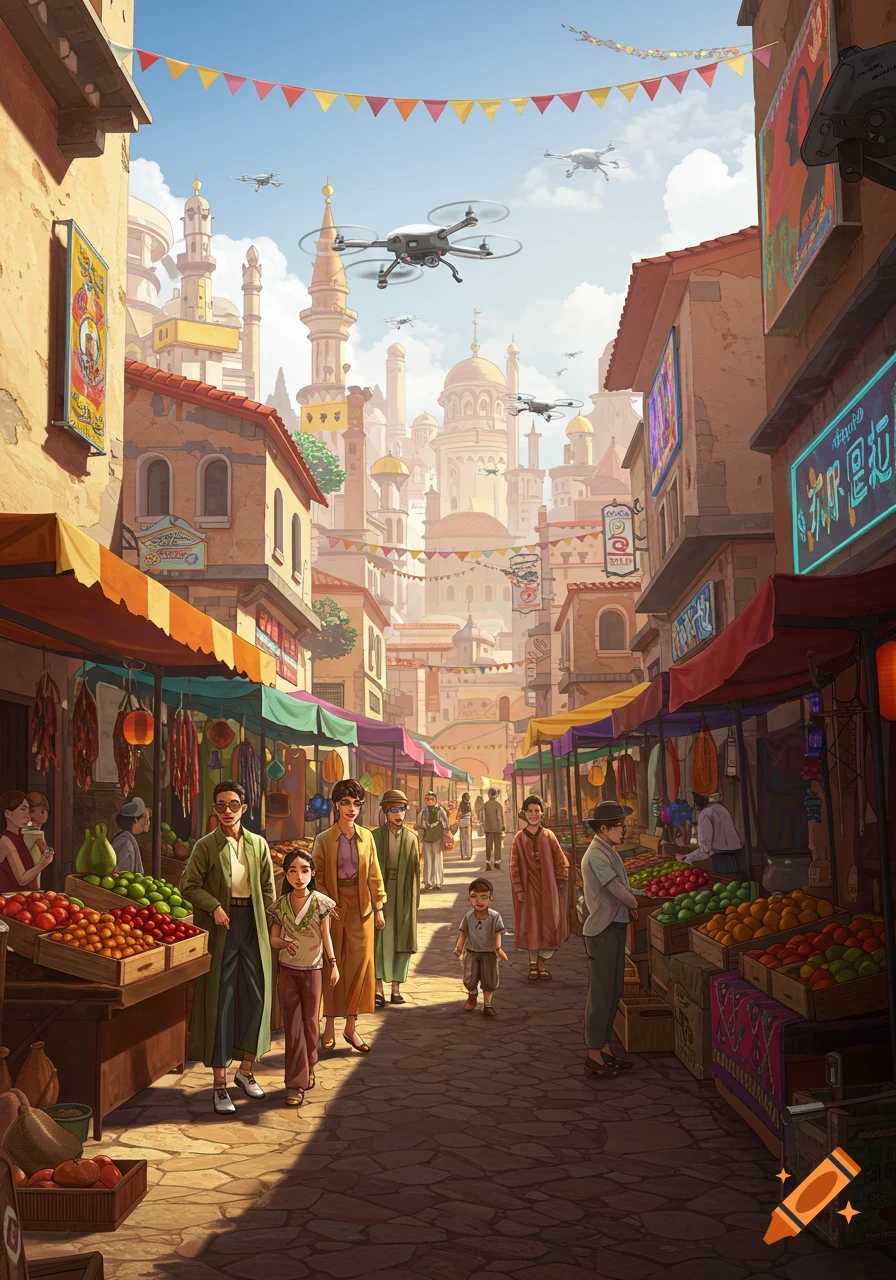 A bustling market street in a city, with vendors selling fruits and vegetables under colorful awnings. People walk along the cobblestone street while drones fly above a distant cityscape with domes and minarets, under a blue sky with festive banners. The style is a blend of traditional and futuristic.
