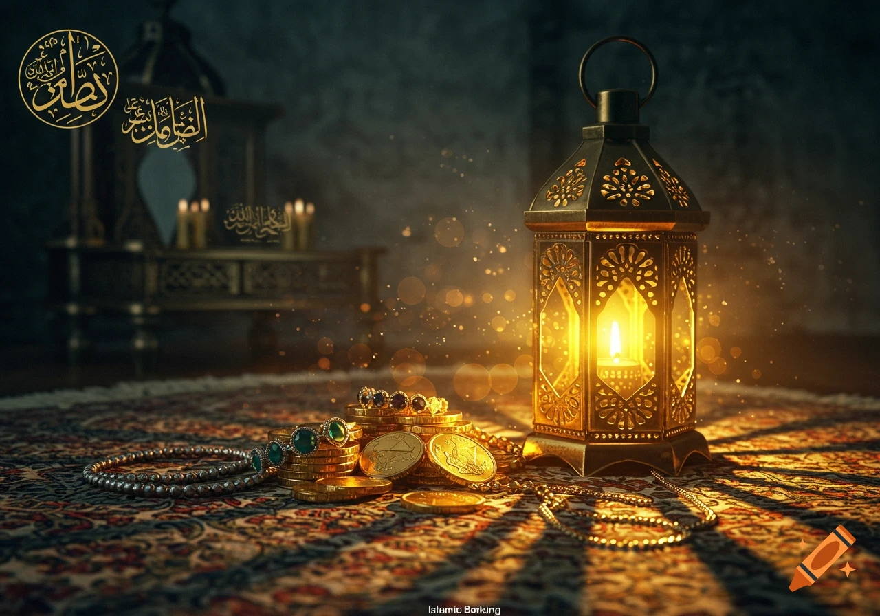 An ornate brass lantern casting warm light on gold coins and emerald jewelry on a patterned rug, with Arabic calligraphy in the background.
