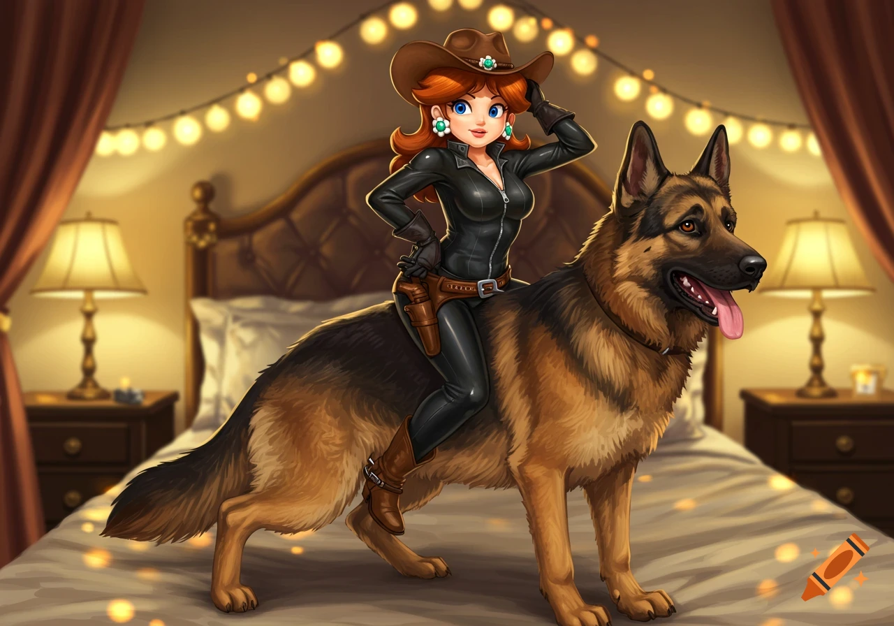 Princess Daisy from Mario in a black jumpsuit and cowboy hat, riding a German Shepherd on a bed in a room with string lights.