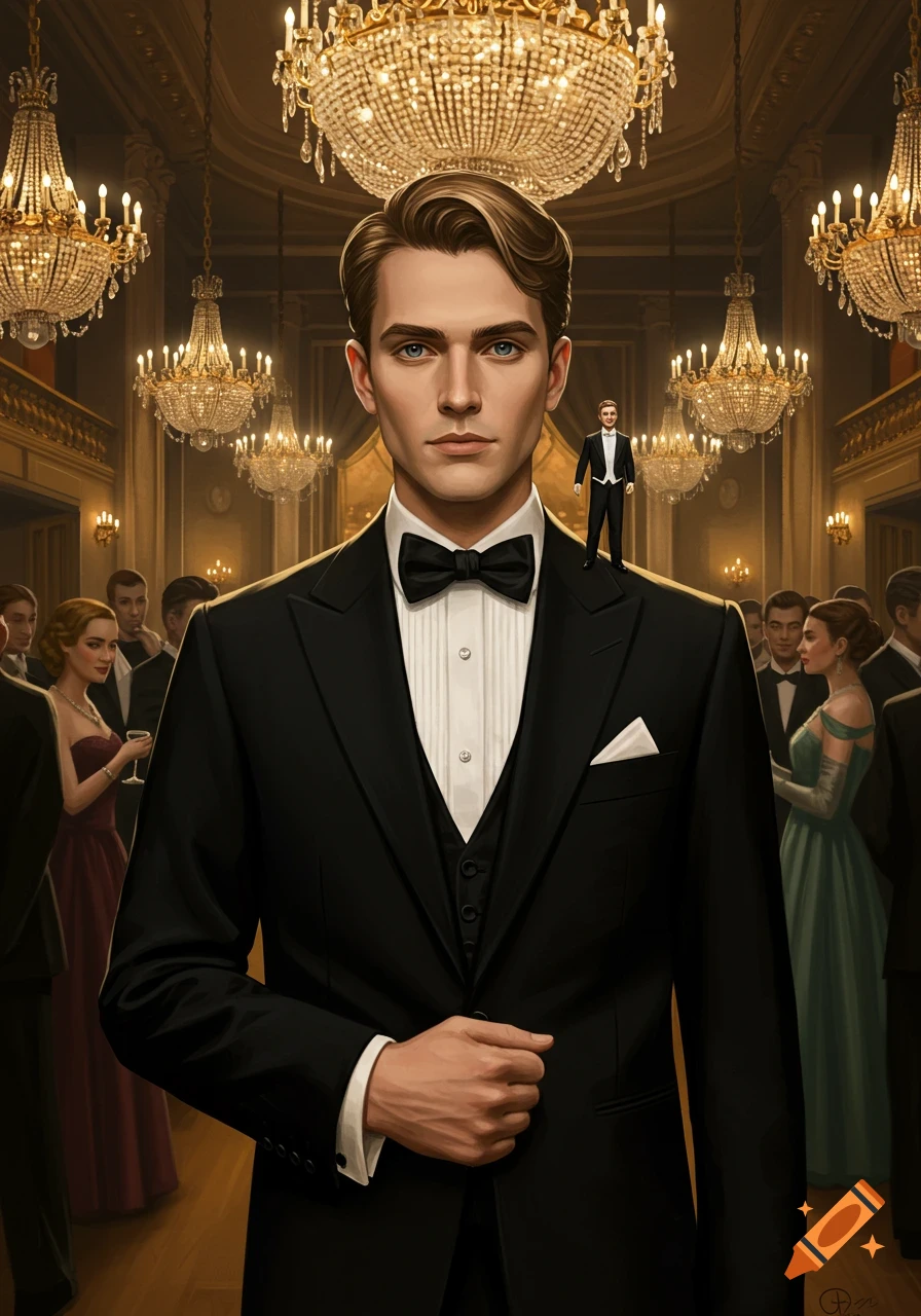 A dapper young man in a black tuxedo stands in a grand ballroom with a tiny man on his shoulder, digital art.
