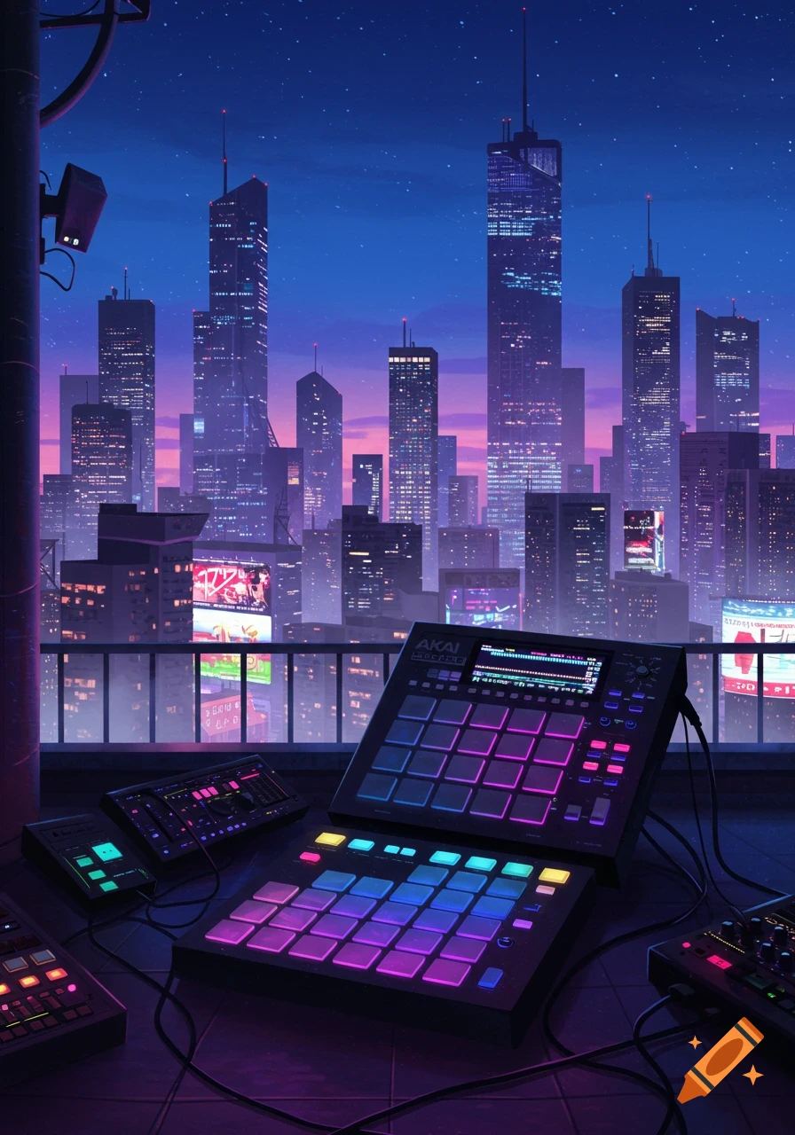 A vibrant synthwave-style city skyline at night with several electronic music production machines, including an Akai MPC, on a rooftop.