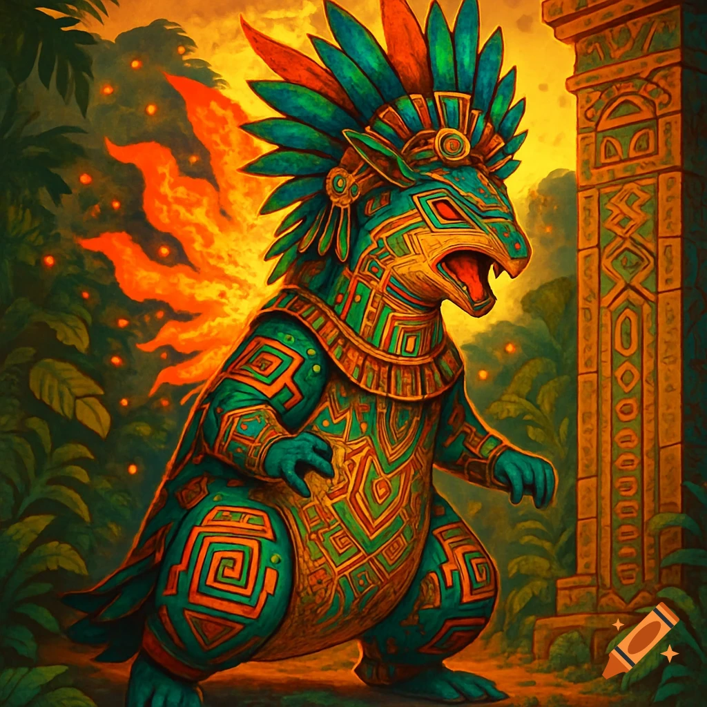 Vibrant Aztec-themed Typhlosion with a feathered headdress stands in a lush jungle next to an ornate stone pillar.