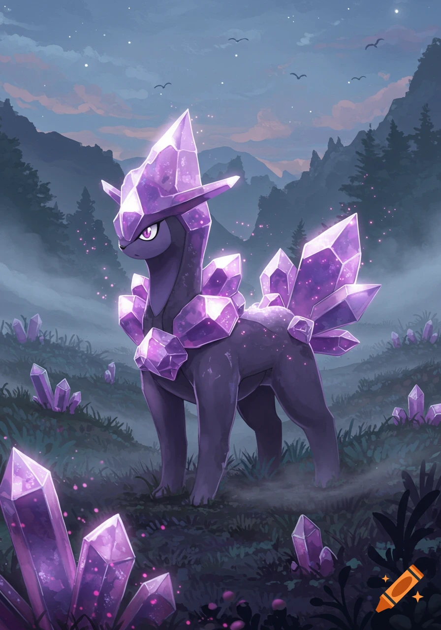A dark purple, crystal-covered creature resembling a Pokémon stands in a misty, moonlit fantasy forest with amethyst crystals.