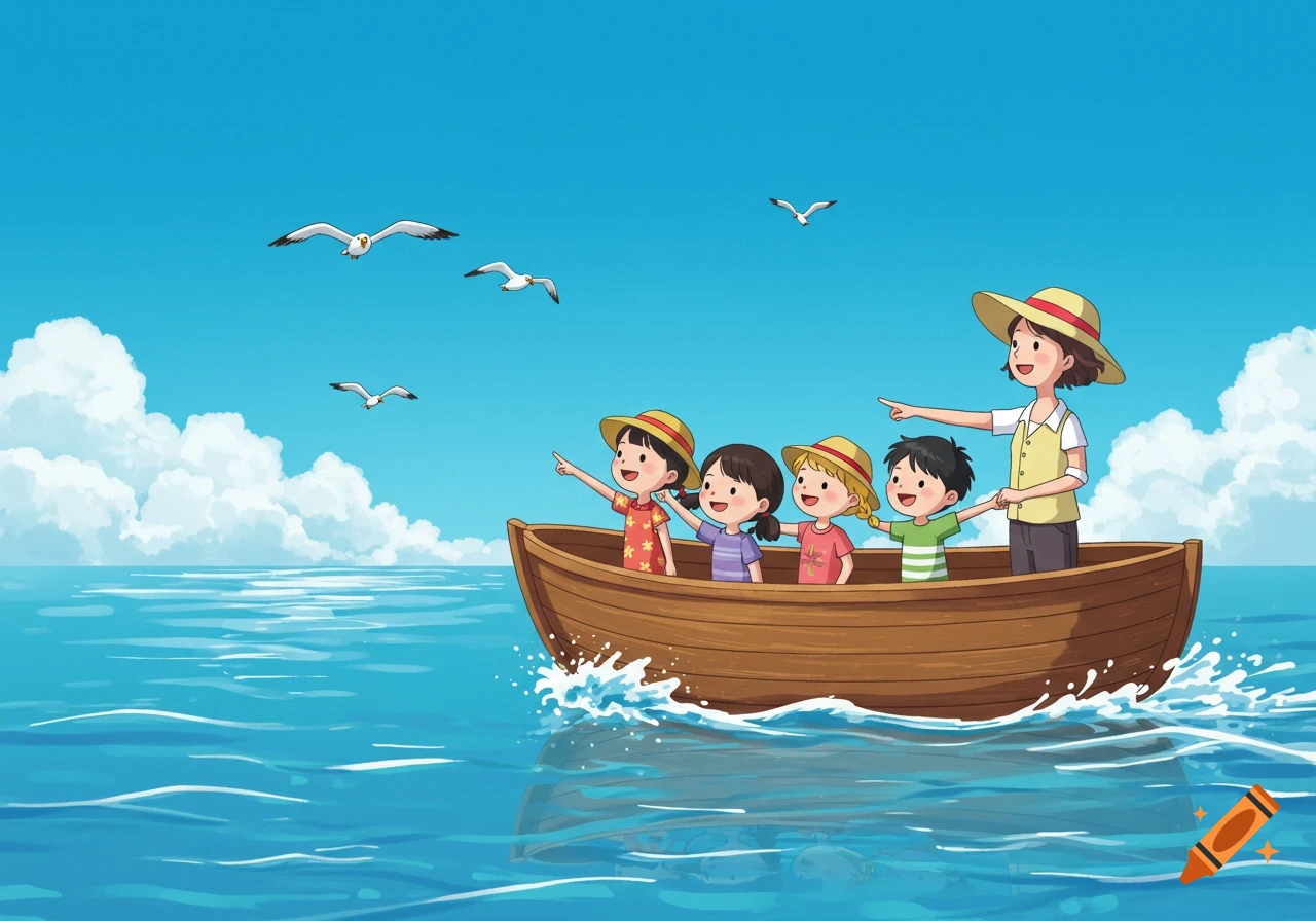 Cartoon of smiling children and a teacher on a wooden boat under a bright blue sky and calm sea, pointing at flying seagulls.