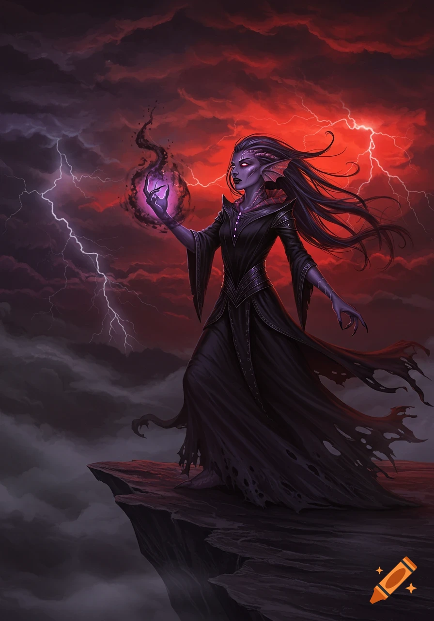 A purple-skinned fantasy witch in dark robes stands on a cliff, casting a glowing purple magic orb under a stormy red sky with lightning.