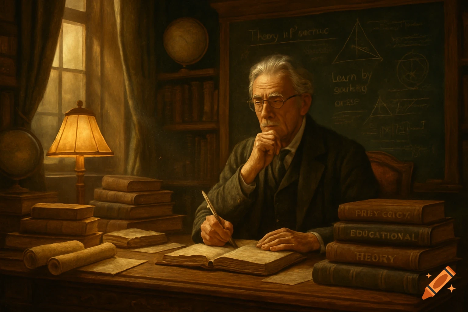 A contemplative older man with glasses writes at a desk in a dimly lit study, surrounded by books and a blackboard, in a painterly style.