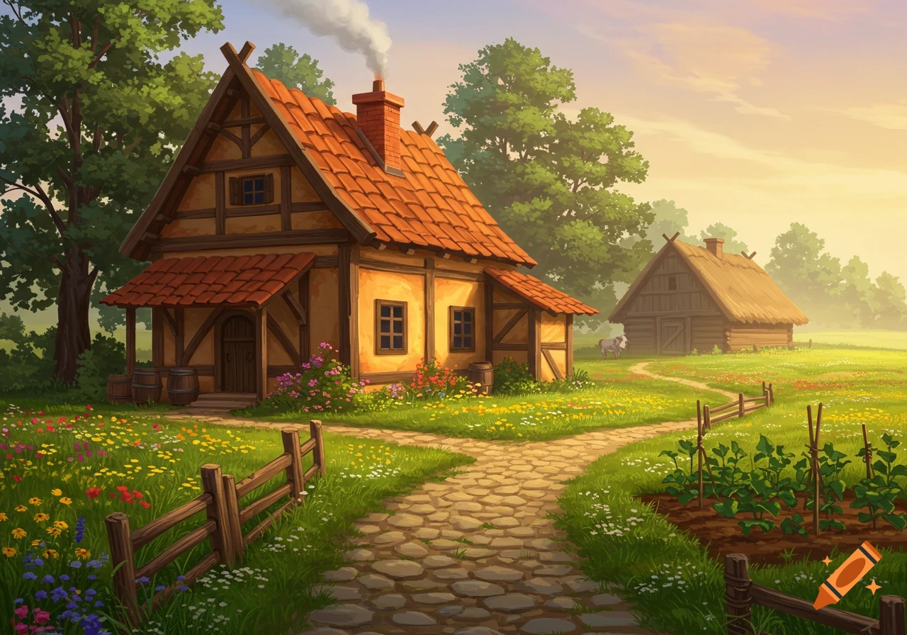 A vibrant, stylized illustration of a quaint rural house with a path, green fields, wildflowers, and a barn.