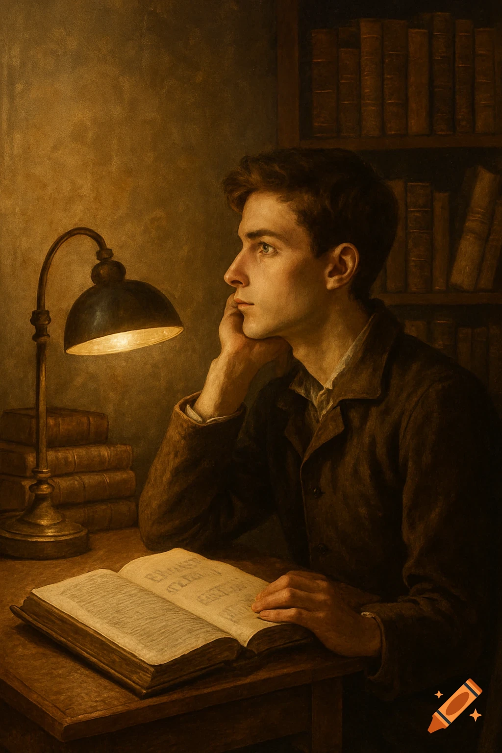 A thoughtful male student in a brown jacket sits at a wooden desk with an open book, illuminated by a desk lamp, in a warm, painterly style.