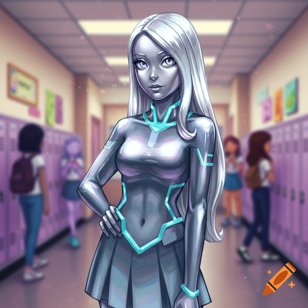 A silver-skinned anime girl with long white hair in a metallic blue and silver outfit and pleated skirt stands in a school hallway.