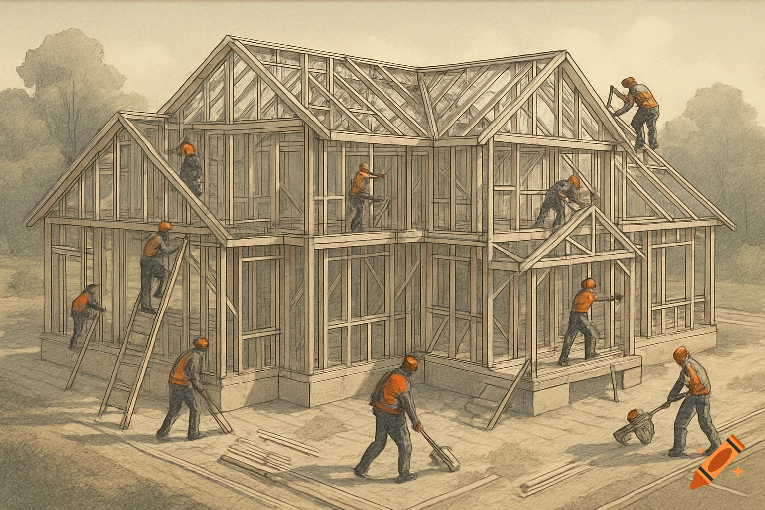 A detailed sketch-style illustration shows multiple workers building the wooden frame of a large, multi-story house on a construction site.