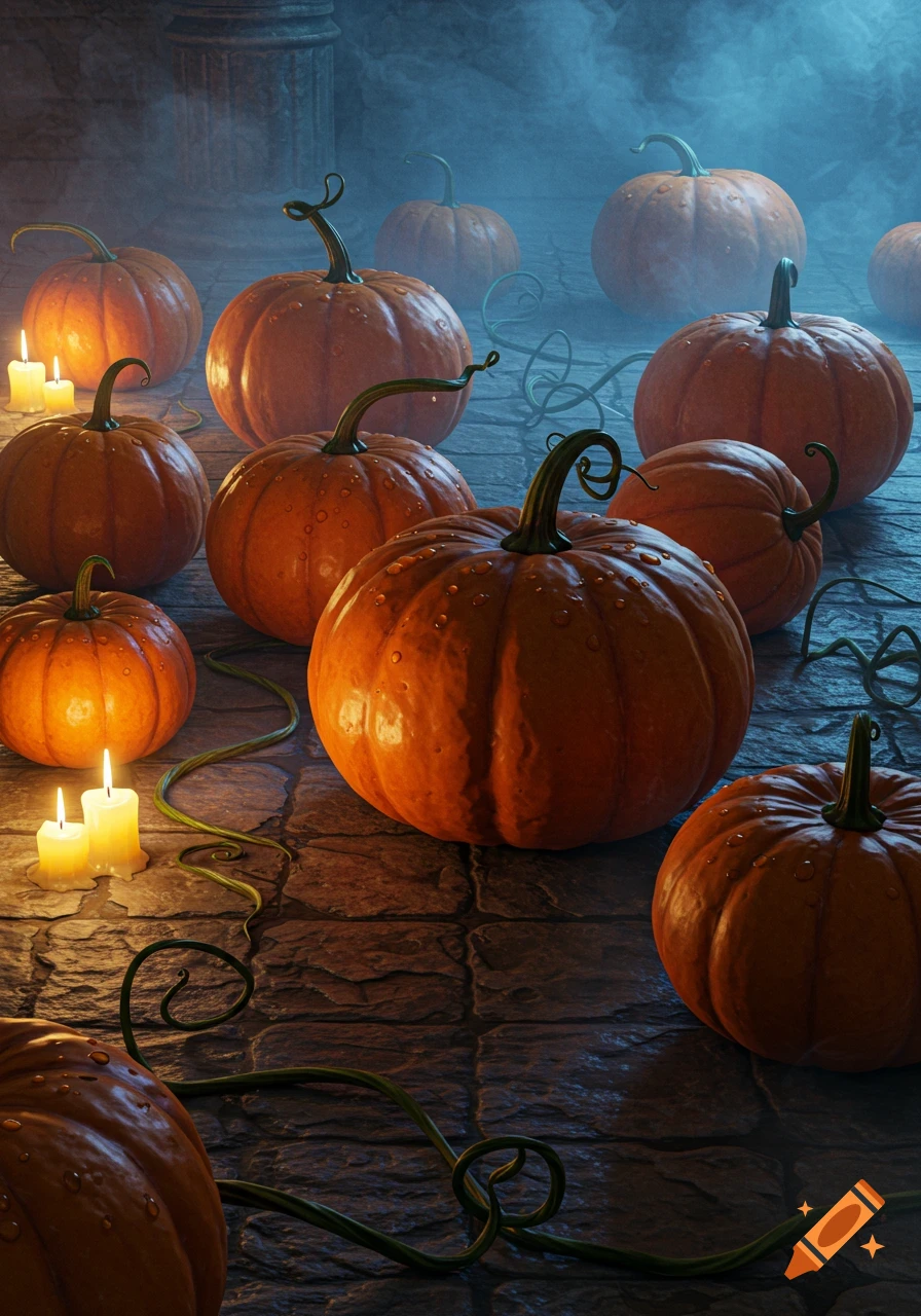 Many photorealistic pumpkins with water droplets and candles on a stone floor in a foggy, dark, spooky setting.