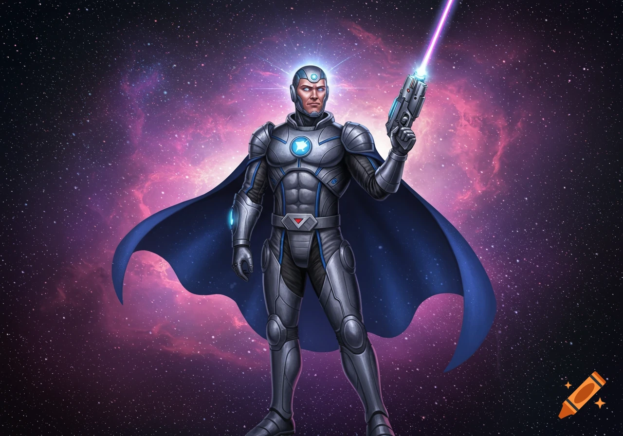 A male superhero in futuristic armor and a blue cape, holding a glowing laser gun, stands against a cosmic nebula.