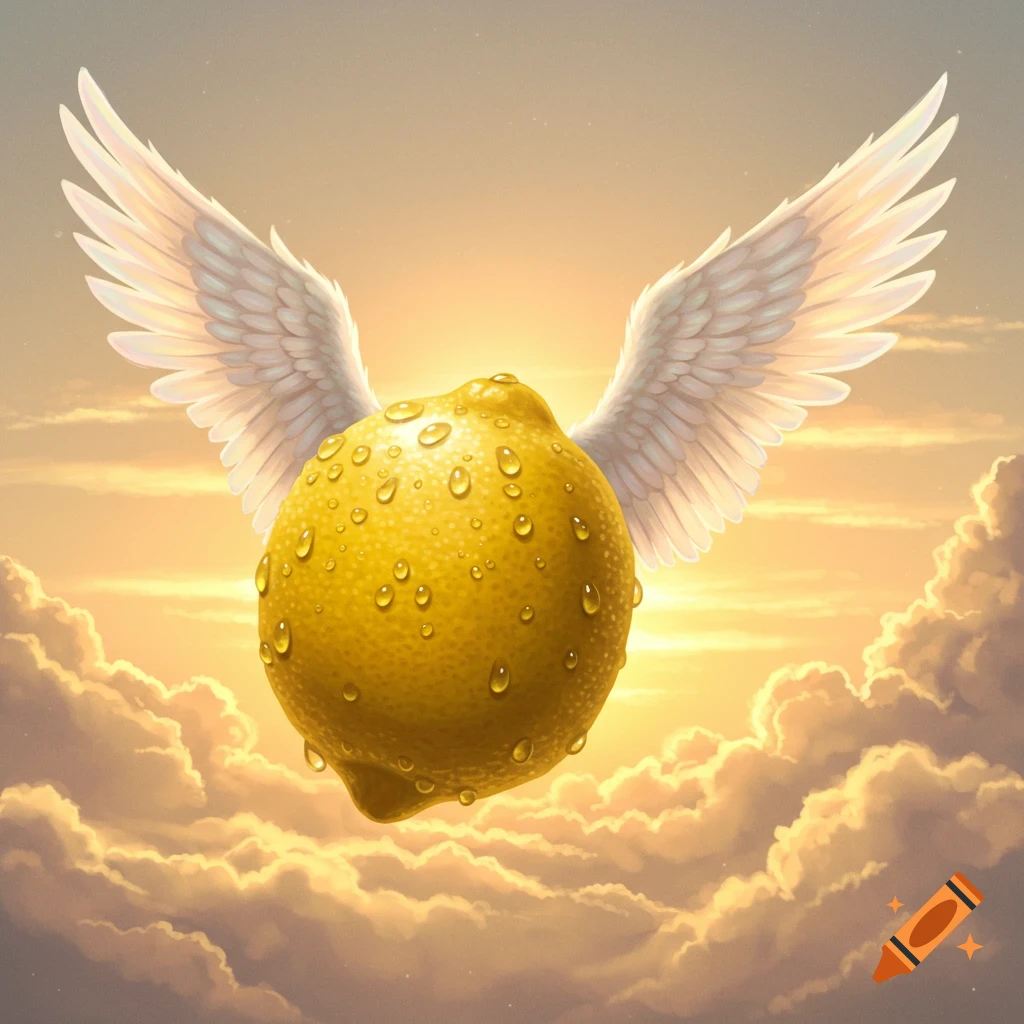 A shiny, wet lemon with white angel wings floats among golden clouds in a surreal, illustrative style.