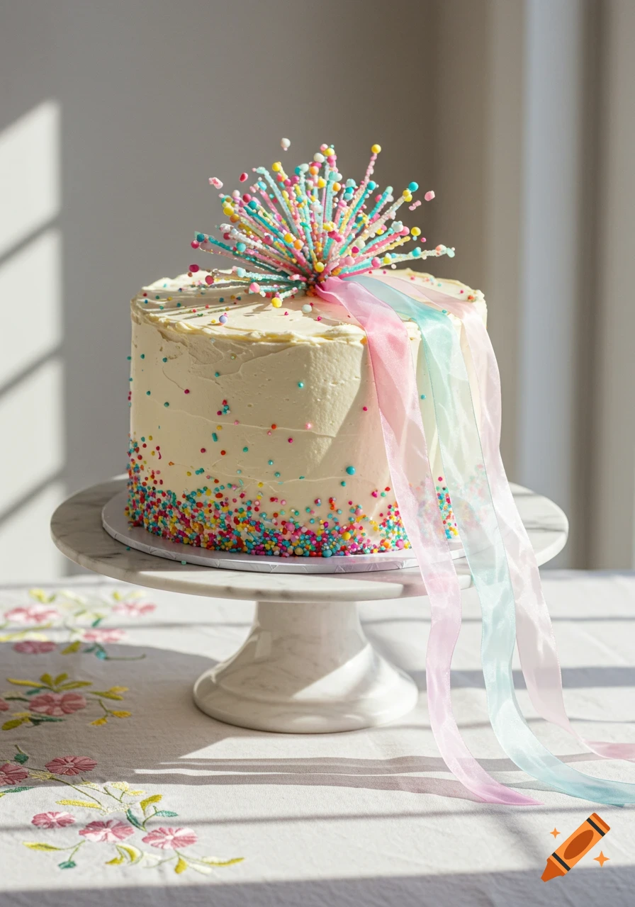 A white frosted cake with colorful sprinkles, a vibrant 'firework' topper, and pastel ribbons, on a marble stand.