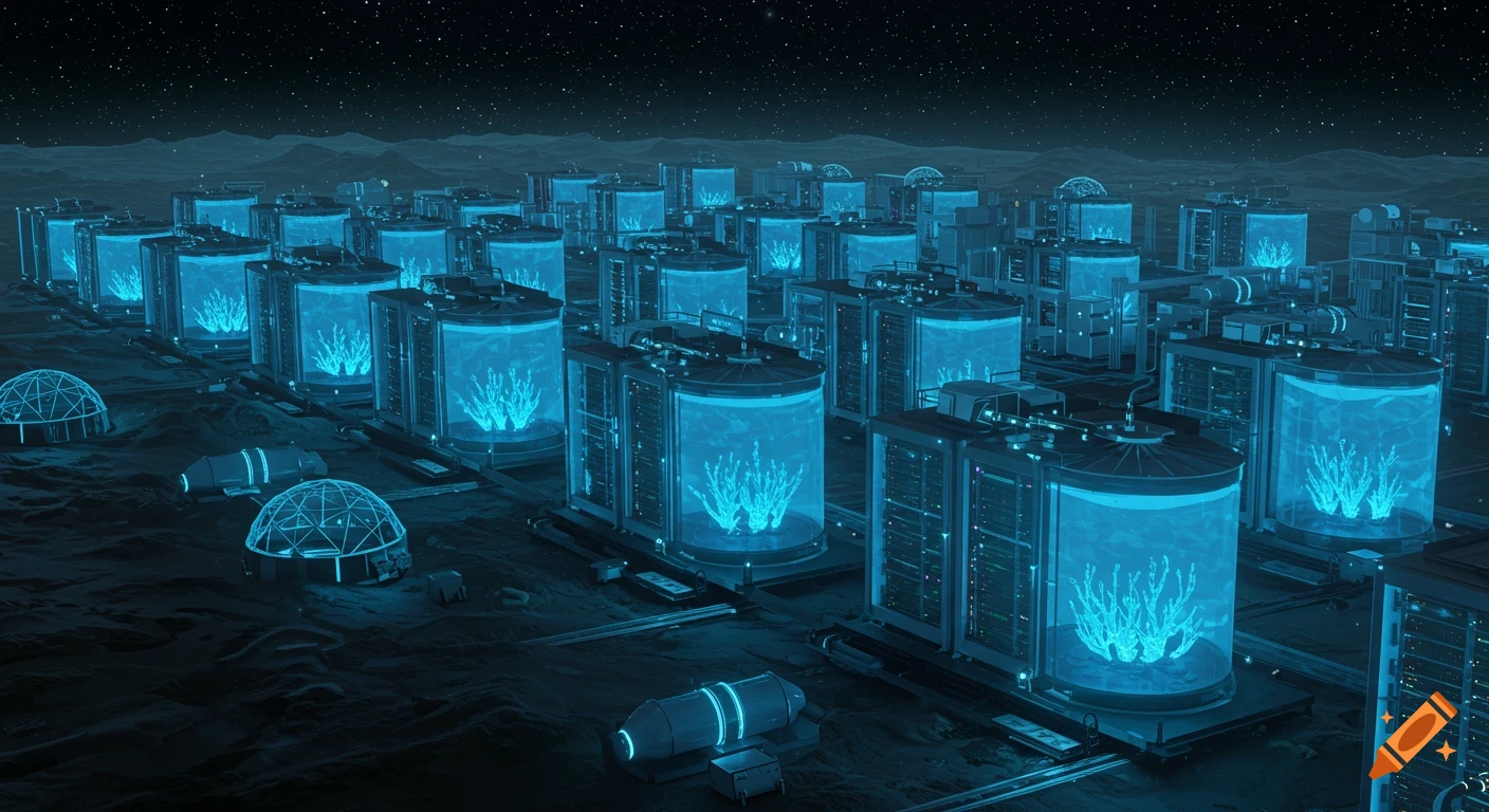 Futuristic liquid-cooled data center on an alien planet with glowing blue tanks resembling coral reefs under a starry night.