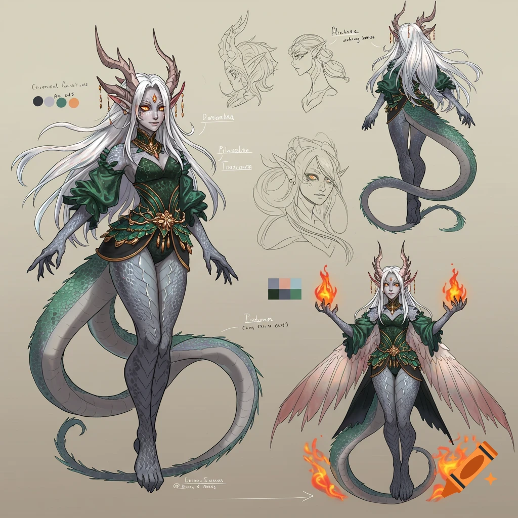 Detailed character reference sheet of a fantasy dragon girl with white hair, horns, green attire, scales, and a long tail, including alternate poses and a winged form.