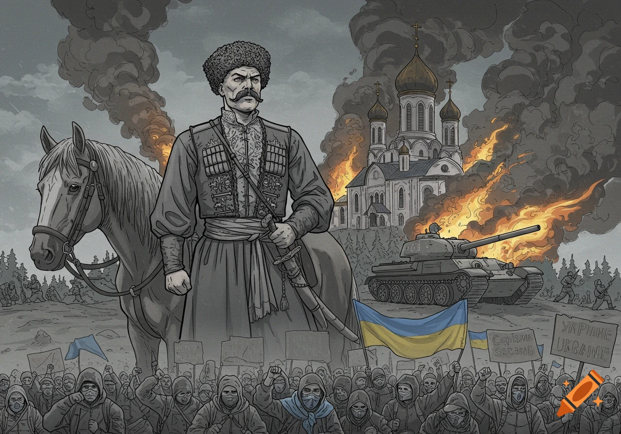 Greyscale comic book art of a Cossack on horseback with a burning church, tank, and masked protesters holding signs in the background.