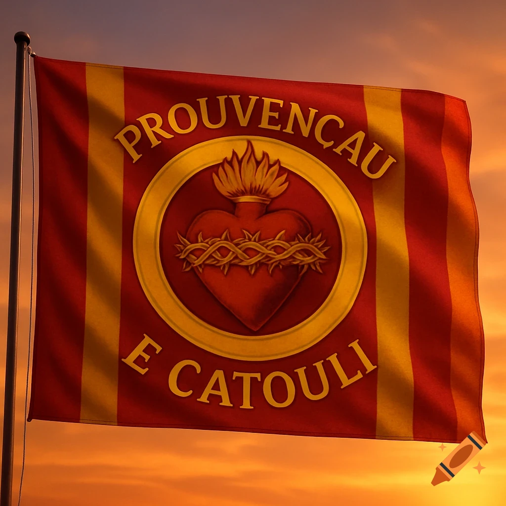 A red and yellow flag with a Sacred Heart symbol in the center, featuring the text "PROUVENÇAU" and "E CATOUILI" against a sunset sky.