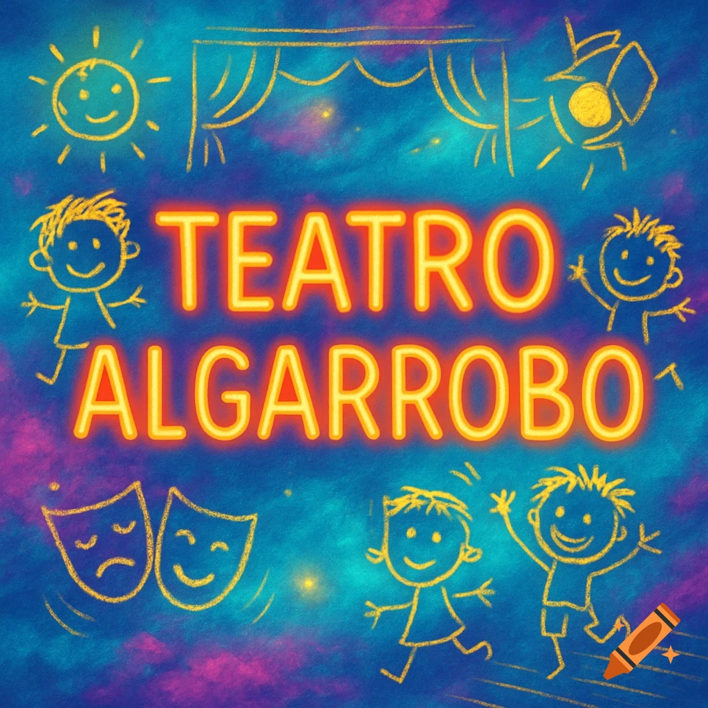 Stylized neon orange 'TEATRO ALGARROBO' text with yellow crayon drawings of stick-figure children, theater masks, sun, curtains, and a spotlight on a blue and pink cosmic background.