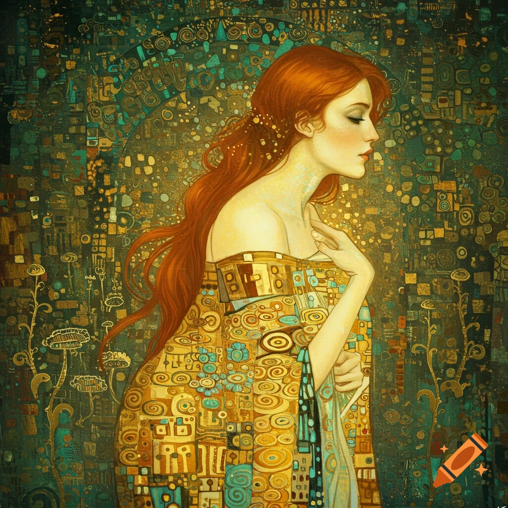 Klimt-style painting of a red-haired woman in a golden, patterned dress against an ornate gold and teal background.