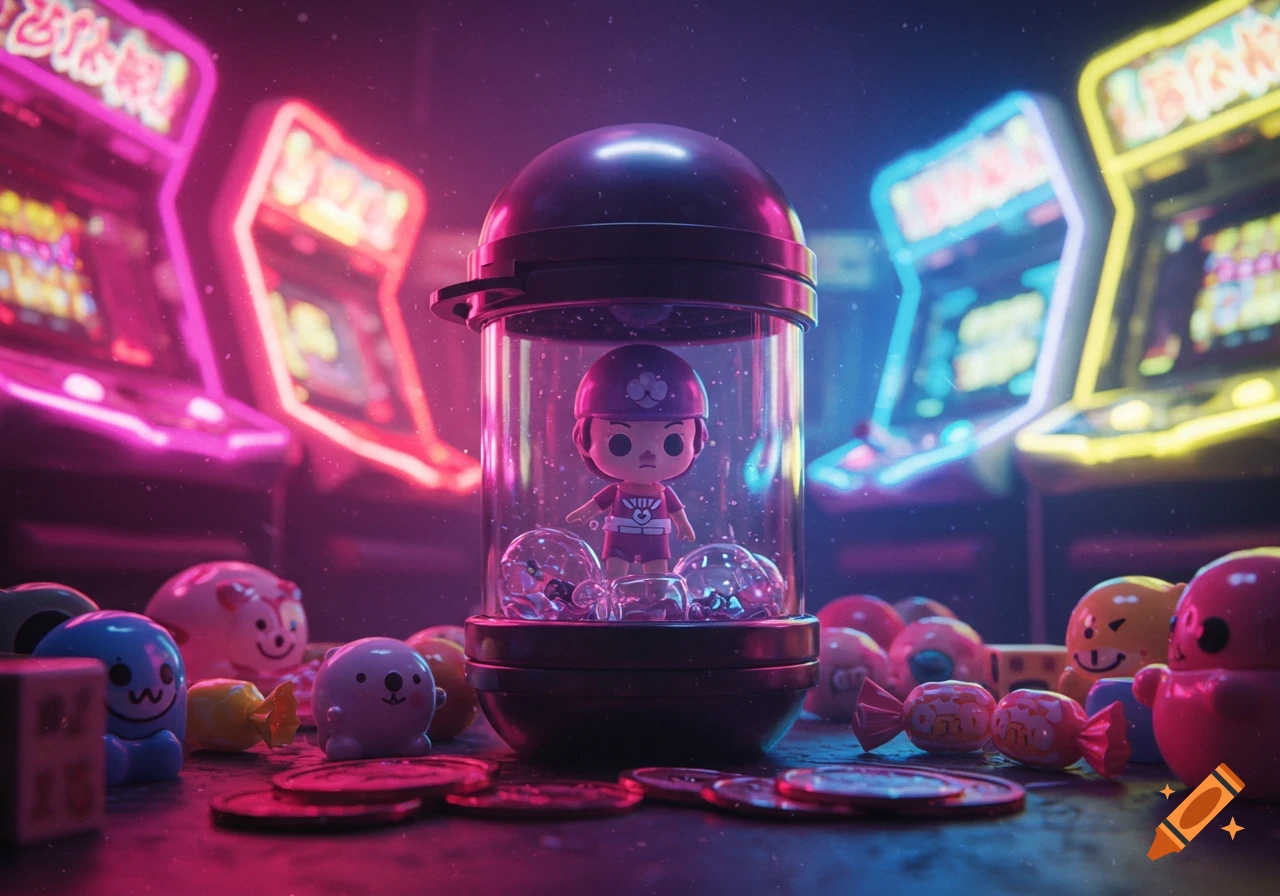 A small figurine in a gashapon capsule surrounded by other toys and coins, in a neon-lit arcade.