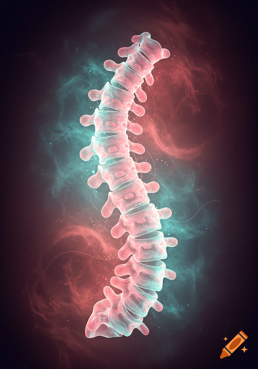 Abstract glowing human spinal column in pink and teal against a dark background with wispy, smoky effects.