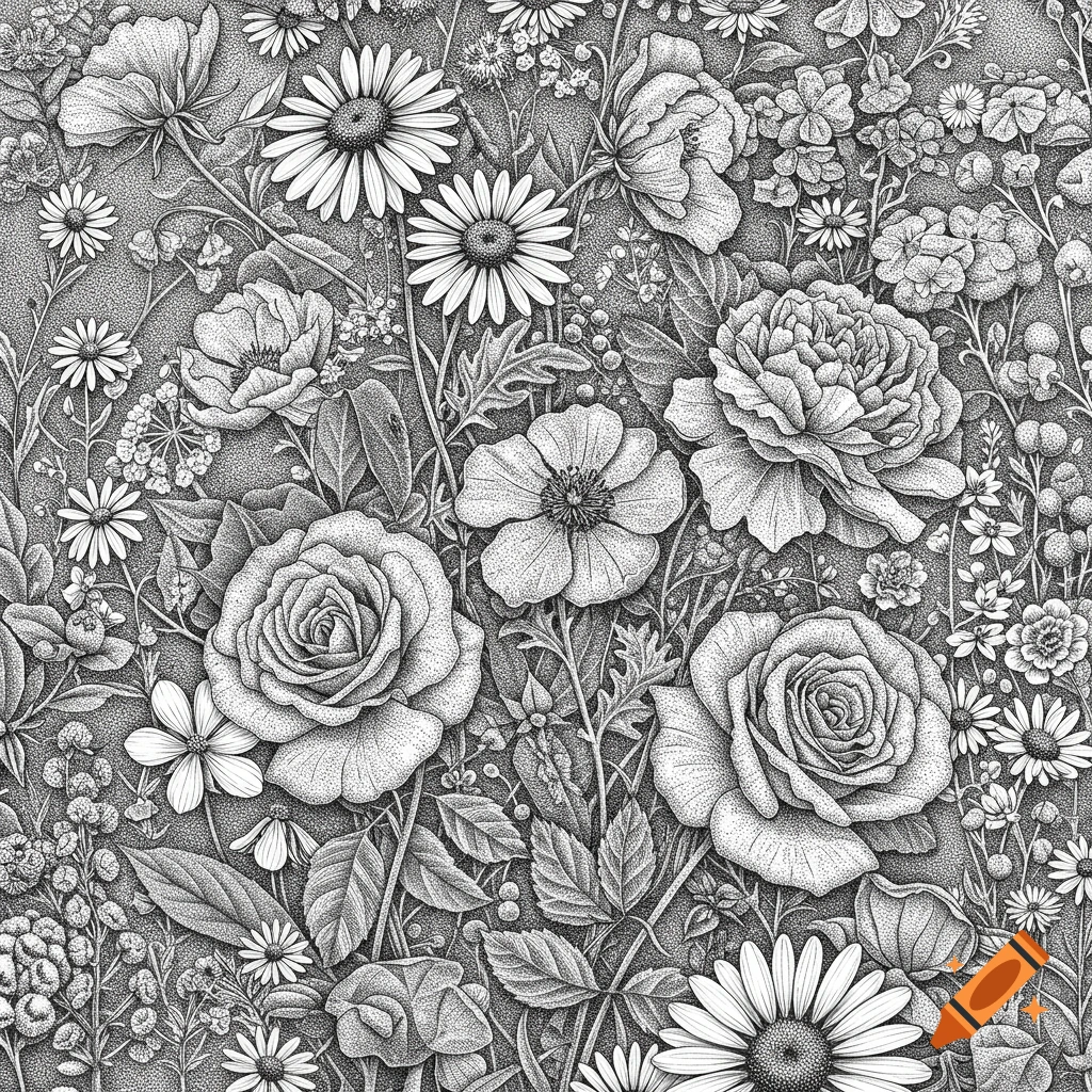 Detailed black and white illustration of various flowers and foliage using cross-hatching and stippling techniques.