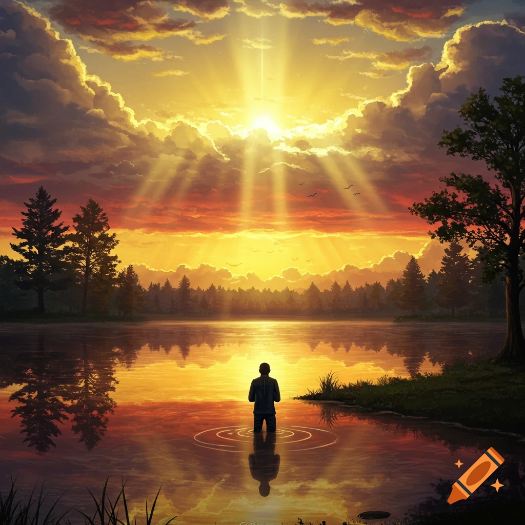 A person stands in a serene lake at sunset, looking towards a brilliant sunbeam piercing dramatic clouds over a forested landscape.