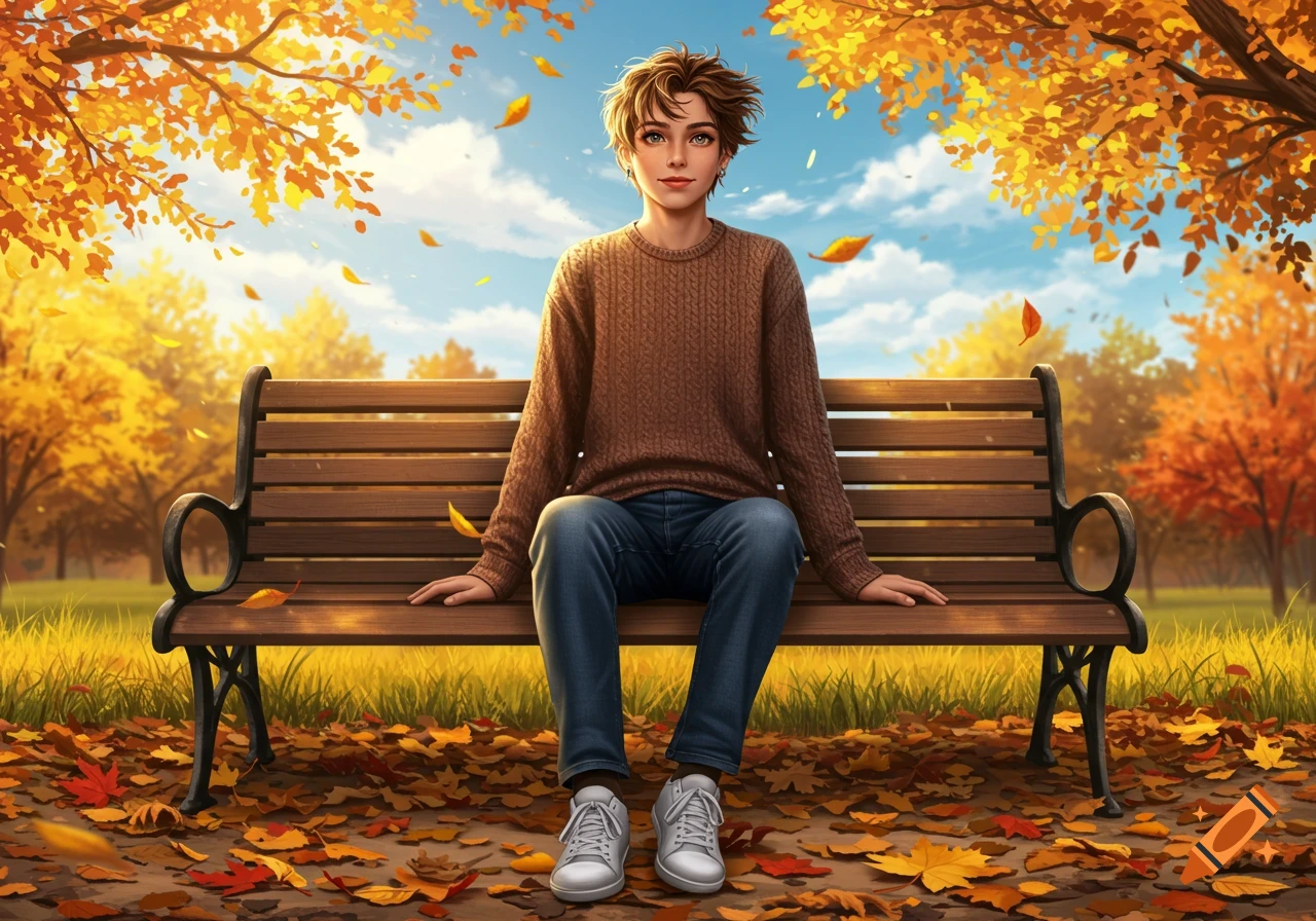 A young person with brown hair sits on a wooden bench surrounded by fallen autumn leaves in a park, depicted in an anime style.