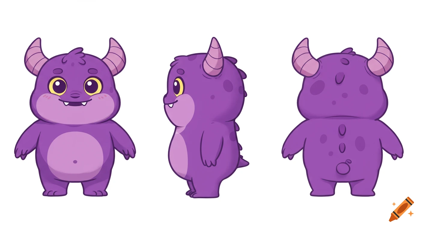 Character turnaround sheet of a cute, chubby purple monster with horns, big eyes, and a friendly smile, in cartoon style.