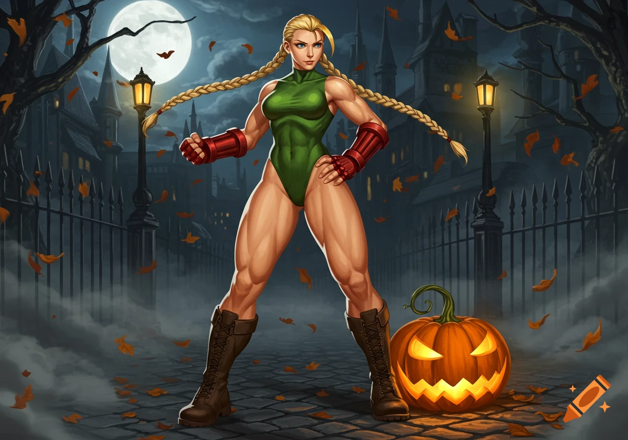 Cammy from Street Fighter in a Halloween street scene with a full moon and jack-o'-lantern.